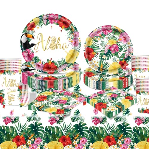 Moerstar 102-teiliges Geschirr-Set für Hawaii-Party, mit Papptellern, Flamingos, Hawaii, Pappbecher, Servietten, Tischdecken, Dekoration für Hawaii-Party (Stil 3) von Moerstar