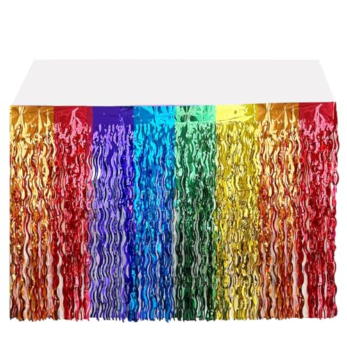 Moerstar 2 Stück Regenbogen Tischrock, Regenbogen Partydekorationen, buntes Gewellte Metallische Lamettafolien Fransen Tischröcke für Stolz Gay Pride Party Geburtstage Festivals von Moerstar