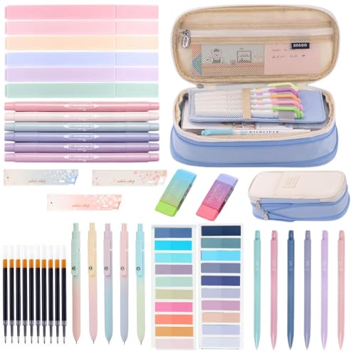 Moerstar 41 Stück Schulsachen mit Mäppchen, 12 Textmarker Pastell, 6 Druckbleistifte, 5 Gel Stifte Haftnotizen Set, Back to School Stuff Schulzubehör (Blau) von Moerstar