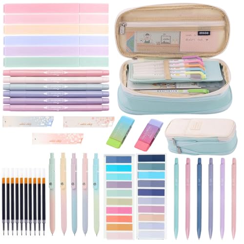 Moerstar 41 Stück Schulsachen mit Mäppchen, 12 Textmarker Pastell, 6 Druckbleistifte, 5 Gel Stifte Haftnotizen Set, Back to School Stuff Schulzubehör (Grün) von Moerstar