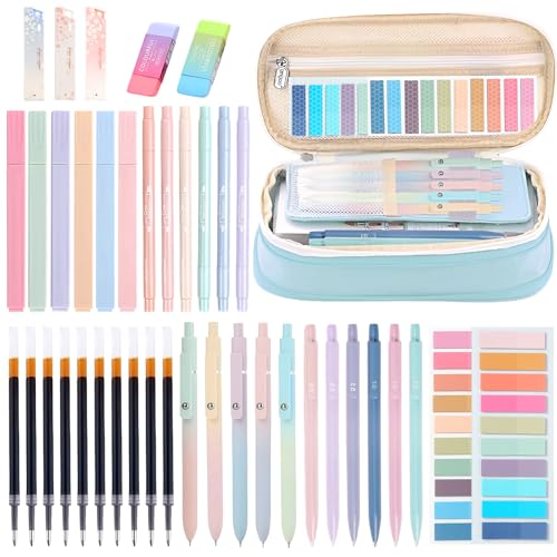 Moerstar 41 Stück Schulsachen mit Mäppchen, 12 Textmarker Pastell, 6 Druckbleistifte, 5 Gel Stifte Haftnotizen Set, Back to School Stuff Schulzubehör (Grün) von Moerstar