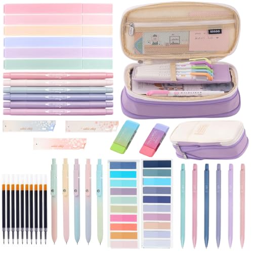 Moerstar 41 Stück Schulsachen mit Mäppchen, 12 Textmarker Pastell, 6 Druckbleistifte, 5 Gel Stifte Haftnotizen Set, Back to School Stuff Schulzubehör (Lila) von Moerstar