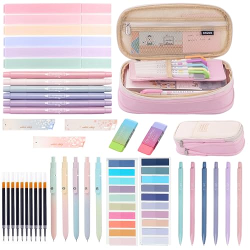 Moerstar 41 Stück Schulsachen mit Mäppchen, 12 Textmarker Pastell, 6 Druckbleistifte, 5 Gel Stifte Haftnotizen Set, Back to School Stuff Schulzubehör (Rosa) von Moerstar