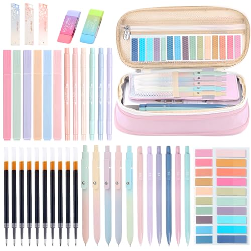 Moerstar 41 Stück Schulsachen mit Mäppchen, 12 Textmarker Pastell, 6 Druckbleistifte, 5 Gel Stifte Haftnotizen Set, Back to School Stuff Schulzubehör (Rosa) von Moerstar
