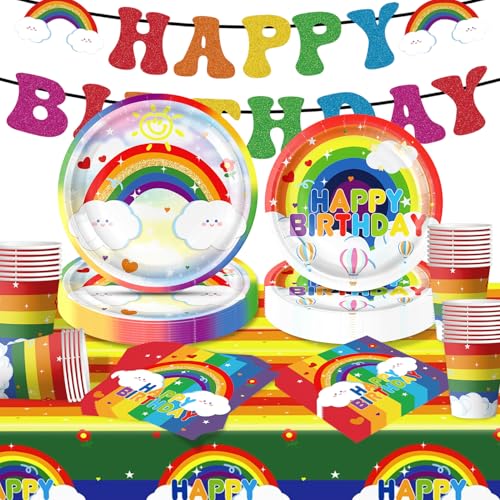 Moerstar Geschirr für Geburtstagsfeiern, Party Tableware Regenbogen Wolken, Geburtstagsdekorationsset, Teller Tischdecke Servietten Pappbecher, für Mädchen Moerstar Geschirr für Geburtstagsfeiern, Party Tableware Regenbogen Wolken, Geburtstagsdekorationsset, Teller Tischdecke Servietten Pappbecher, für Mädchen von Moerstar
