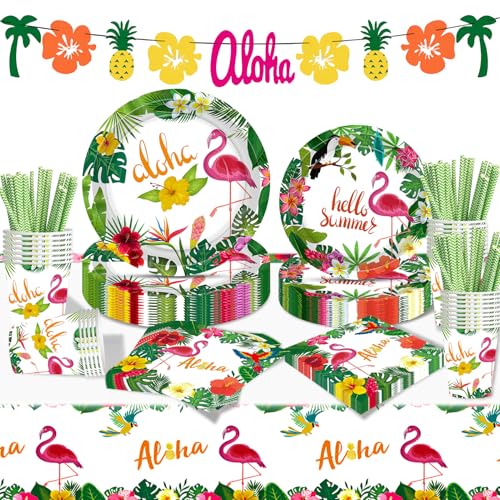 Moerstar Hawaii-Partyzubehör, hawaiianische tropische Blumen, Geschirr-Set mit Aloha-Papptellern, Servietten, Bechern, Tischdecke für Hawaii, Luau, Strand, Sommerparty-Dekorationen (Stil 3) von Moerstar