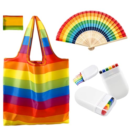 Moerstar Pride Regenbogen Fan Set, Gay Pride Zubehör Set mit Regenbogen-Gesichtsbemalung Handheld Faltfächer Faltbarer Wiederverwendbarer Einkaufstasche, LGBT Party Paraden Zubehör Moerstar Pride Regenbogen Fan Set, Gay Pride Zubehör Set mit Regenbogen-Gesichtsbemalung Handheld Faltfächer Faltbarer Wiederverwendbarer Einkaufstasche, LGBT Party Paraden Zubehör von Moerstar