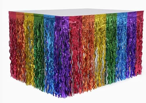 Moerstar Regenbogen-Tischrock, LGBTQ-Geschirr, Regenbogen-Party-Dekorationen, bunte Folienfransen-Lametta-Tischröcke für Pride-Monatsparty, 2 Stück von Moerstar