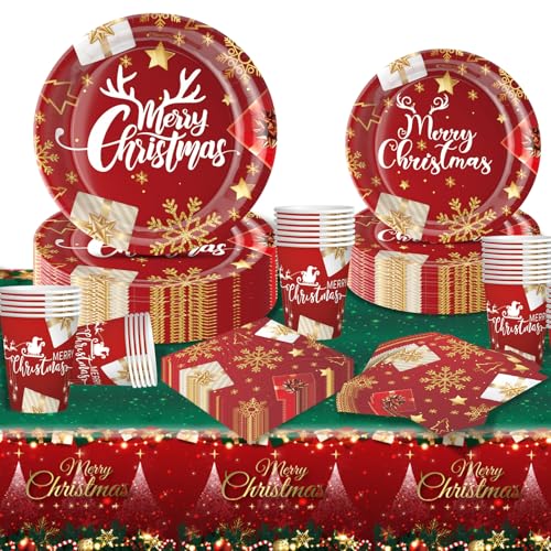Moerstar Weihnachtsgeschirr Set, Weihnachts Partygeschirr Set mit Pappteller Pappbecher Tischdecke Servietten, Weihnachtsfeier Geschirrset (A01) von Moerstar