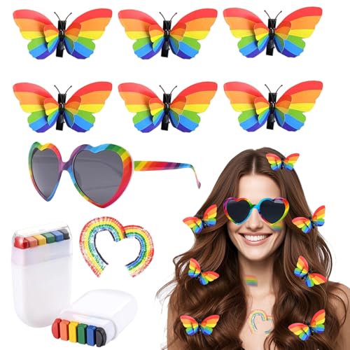 Regenbogen-Schmetterling-Haarspangen Set mit Regenbogen Haarspangen Schminkstift und Brille, Gay Pride Accessoires Set, für Pride-Monats Party paraden Feiern Accessoires Festival Dekorationen von Moerstar