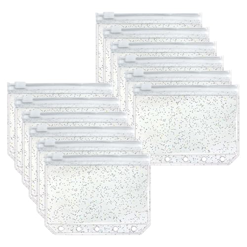 Mogoostry A8 Bindertaschen, transparente Reißverschlusstasche, 5 Löcher, 12 transparente Glitzer-Bindertaschen mit Reißverschluss, Mini-Geldumschläge, Münztasche Mogoostry A8 Bindertaschen, transparente Reißverschlusstasche, 5 Löcher, 12 transparente Glitzer-Bindertaschen mit Reißverschluss, Mini-Geldumschläge, Münztasche von Mogoostry