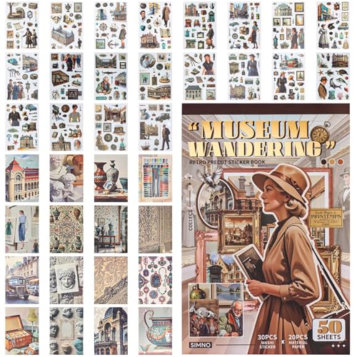 Mogoostry Vorgeschnittene Stickerbuch 30 Blatt Washi Aufkleber 20 Blatt Material Papier Tagebuch Aufkleber für DIY Journaling Kunst Handwerk Geschenke Planer Notizbuch (Museum Wandering) von Mogoostry