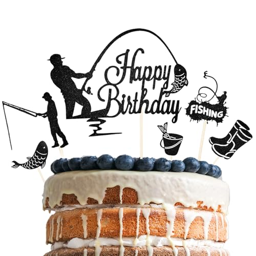 Moguri® 6 Stücke Angler Cake Topper, Happy Birthday Tortendeko Fische Angeln Deko Geburtstag, Angler Tortenaufleger für Kuchen DIY Deko für Jungen Mann Geburtstagsparty von Moguri