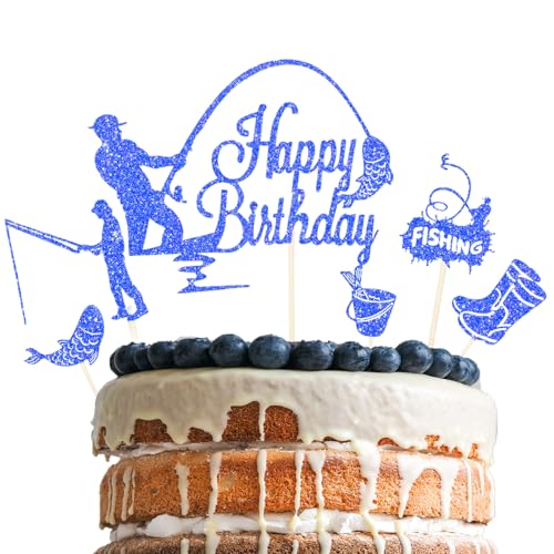 Moguri 6 Stücke Angler Cake Topper, Happy Birthday Tortendeko Fische Angeln Deko Geburtstag, Angler Tortenaufleger für Kuchen DIY Deko für Jungen Mann Geburtstagsparty,Blau von Moguri