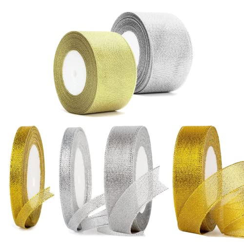 Geschenkband Gold Silber Dekorative Bänder 6 Rollen*25 Yards Satinband Seidenbänder für Weihnachten Dekorative, Hochzeit, Geschenkverpackung(1cm,2cm,4cm) von Moguxb