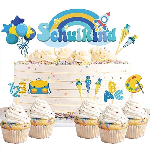 20 Stück Schulanfang Tortendeko, Tortendeko Einschulung, Schultüte Schuleinführung deko Cupcake Topper für Schulkind, Junge und Mädchen Schulanfang Party Dekoration (Blau Regenbogen) von Moitkptt