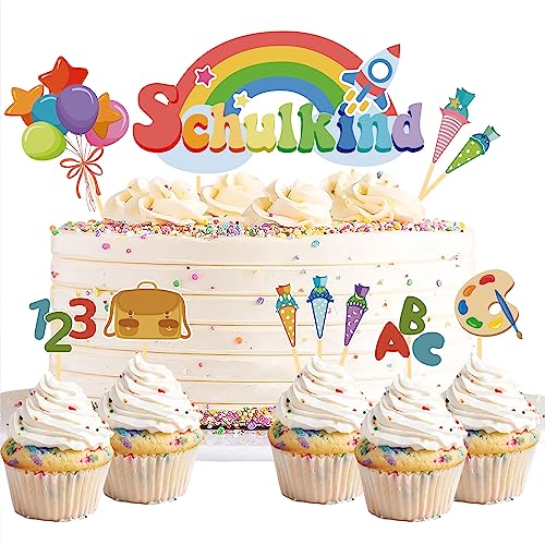 Moitkptt 20 Stück Schulanfang Tortendeko, Tortendeko Einschulung, Schultüte Schuleinführung deko Cupcake Topper für Schulkind, Junge und Mädchen Schulanfang Party Dekoration von Moitkptt