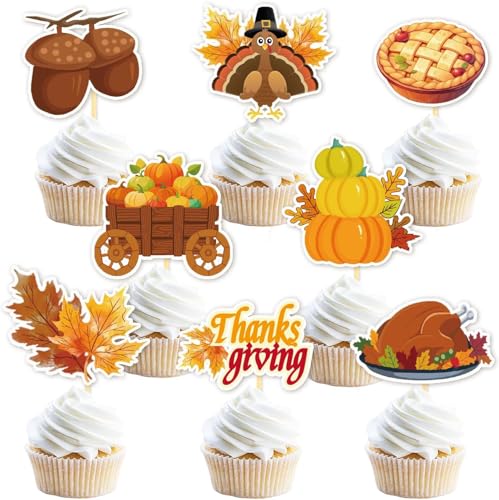24 Stück Erntedankfest Cupcake Toppers, Herbst Kuchendeko, Kürbis Tortendeko für Erntedankfest, Thanksgiving Party Dekoration, Herbst Deko (Mix 2) von Moitkptt