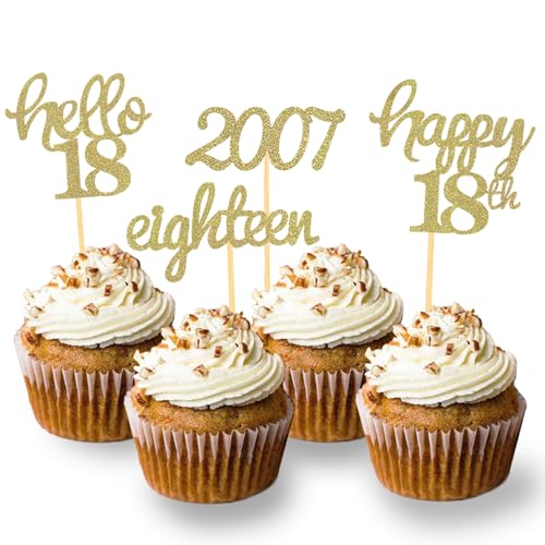 24 Stück Glitzer 18. Geburtstag Cupcake Topper, Geburtstagsdeko 18 von 2007 für 18. Geburtstag Junge, 18 Geburtstagsfeier Zubehör Party Dekoration Kuchendekoration (Gold) von Moitkptt