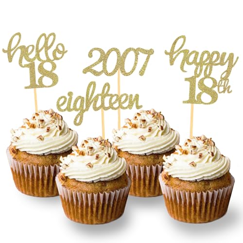 24 Stück Glitzer 18. Geburtstag Cupcake Topper, Geburtstagsdeko 18 von 2006 für 18. Geburtstag Junge, 18 Geburtstagsfeier Zubehör Party Dekoration Kuchendekoration (Gold) von Moitkptt