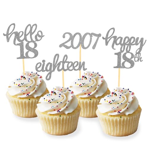 24 Stück Glitzer 18. Geburtstag Cupcake Topper, Geburtstagsdeko 18 von 2007 für 18. Geburtstag Junge, 18 Geburtstagsfeier Zubehör Party Dekoration Kuchendekoration (Silber) von Moitkptt