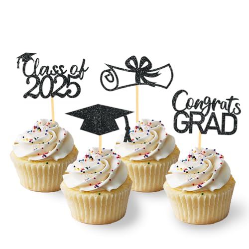 24 Stück Glitzer 2024 Graduation Cupcake Toppers, Abschluss Deko, Bachelor Hut Deko für Abschlussfeier Party, Graduation Dekoration (Schwarz) von Moitkptt