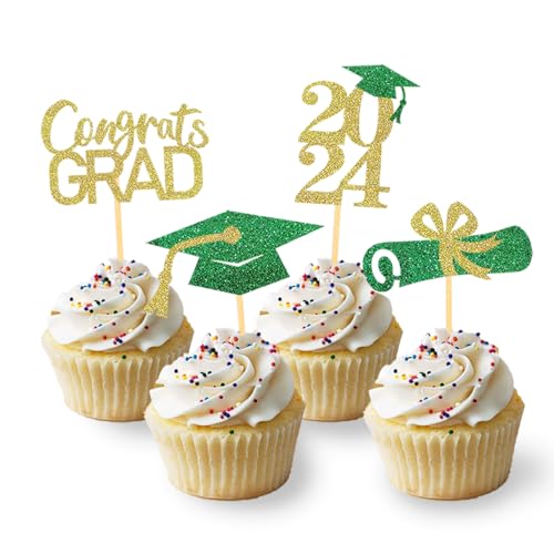 24 Stück Glitzer 2024 Graduation Cupcake Toppers, Abschlussfeier Cupcake toppers, Bachelor Hut Deko, Abschluss Deko für Graduation Abschlussparty Dekoration (grün & gold) von Moitkptt