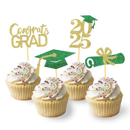 24 Stück Glitzer 2024 Graduation Cupcake Toppers, Abschlussfeier Cupcake toppers, Bachelor Hut Deko, Abschluss Deko für Graduation Abschlussparty Dekoration (grün & gold) von Moitkptt