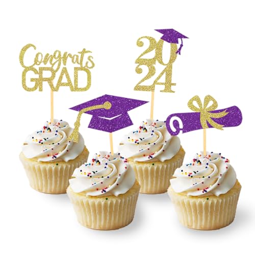 24 Stück Glitzer 2024 Graduation Cupcake Toppers, Abschlussfeier Cupcake toppers, Bachelor Hut Deko, Abschluss Deko für Graduation Abschlussparty Dekoration (lila & gold) von Moitkptt