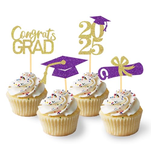 24 Stück Glitzer 2024 Graduation Cupcake Toppers, Abschlussfeier Cupcake toppers, Bachelor Hut Deko, Abschluss Deko für Graduation Abschlussparty Dekoration (lila & gold) von Moitkptt