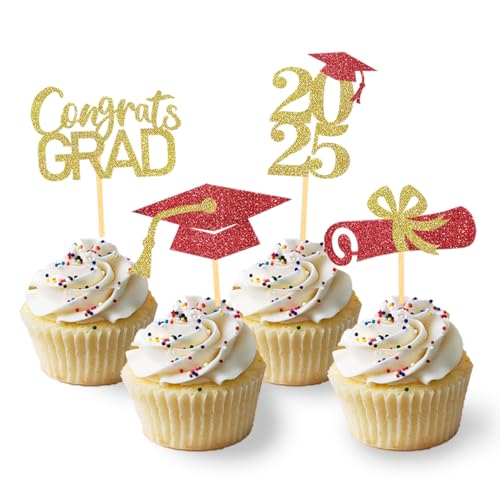 24 Stück Glitzer 2024 Graduation Cupcake Toppers, Abschlussfeier Cupcake toppers, Bachelor Hut Deko, Abschluss Deko für Graduation Abschlussparty Dekoration (rot & gold) von Moitkptt