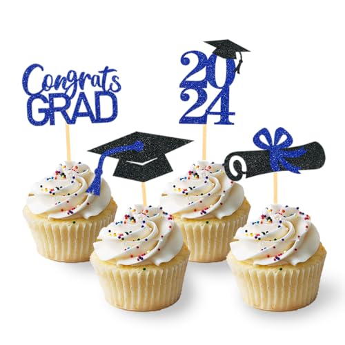 24 Stück Glitzer 2024 Graduation Cupcake Toppers, Abschlussfeier Cupcake toppers, Bachelor Hut Deko, Abschluss Deko für Graduation Abschlussparty Dekoration (schwarz & blau) von Moitkptt