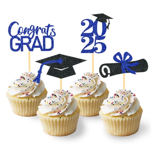 24 Stück Glitzer 2025 Graduation Cupcake Toppers, Abschlussfeier Cupcake toppers, Bachelor Hut Deko, Abschluss Deko für Graduation Abschlussparty Dekoration (schwarz & blau) von Moitkptt