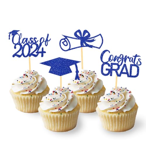 24 Stück Glitzer 2024 Graduation Cupcake Toppers, Abschluss Deko, Bachelor Hut Deko für Abschlussfeier Party, Graduation Dekoration (Blau) von Moitkptt