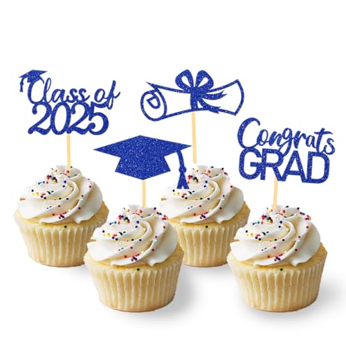 24 Stück Glitzer 2025 Graduation Cupcake Toppers, Abschluss Deko, Bachelor Hut Deko für Abschlussfeier Party, Graduation Dekoration (Blau) von Moitkptt