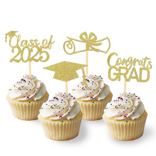 24 Stück Glitzer 2024 Graduation Cupcake Toppers, Abschluss Deko, Bachelor Hut Deko für Abschlussfeier Party, Graduation Dekoration (Gold) von Moitkptt