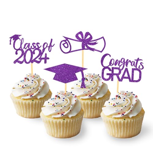 24 Stück Glitzer 2024 Graduation Cupcake Toppers, Abschluss Deko, Bachelor Hut Deko für Abschlussfeier Party, Graduation Dekoration (Lila) von Moitkptt