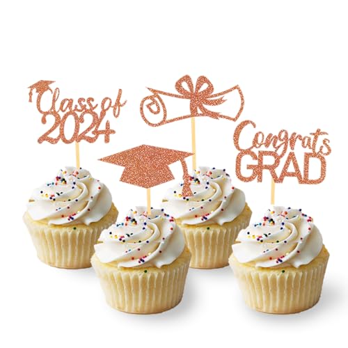 24 Stück Glitzer 2024 Graduation Cupcake Toppers, Abschluss Deko, Bachelor Hut Deko für Abschlussfeier Party, Graduation Dekoration (Orange) von Moitkptt