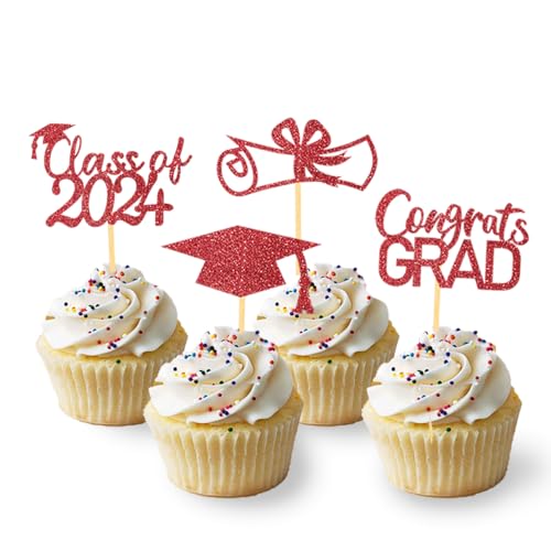 24 Stück Glitzer 2024 Graduation Cupcake Toppers, Abschluss Deko, Bachelor Hut Deko für Abschlussfeier Party, Graduation Dekoration (Rot) von Moitkptt
