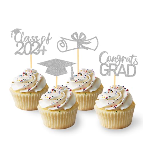 24 Stück Glitzer 2024 Graduation Cupcake Toppers, Abschluss Deko, Bachelor Hut Deko für Abschlussfeier Party, Graduation Dekoration (Silber) von Moitkptt