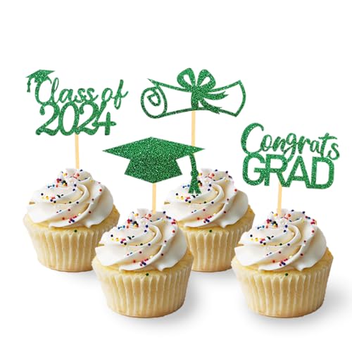 24 Stück Glitzer 2024 Graduation Cupcake Toppers, Abschluss Deko, Bachelor Hut Deko für Abschlussfeier Party, Graduation Dekoration (Grün) von Moitkptt