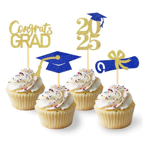 24 Stück Glitzer 2025 Graduation Cupcake Toppers, Abschlussfeier Cupcake toppers, Bachelor Hut Deko, Abschluss Deko für Graduation Abschlussparty Dekoration (blau & gold) von Moitkptt