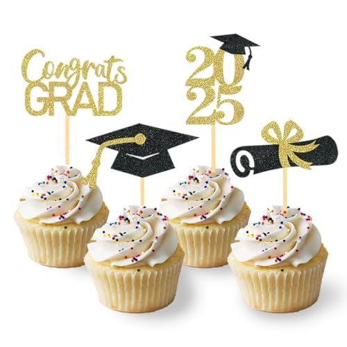 24 Stück Glitzer 2025 Graduation Cupcake Toppers, Abschlussfeier Cupcake toppers, Bachelor Hut Deko, Abschluss Deko für Graduation Abschlussparty Dekoration (schwarz & gold) von Moitkptt