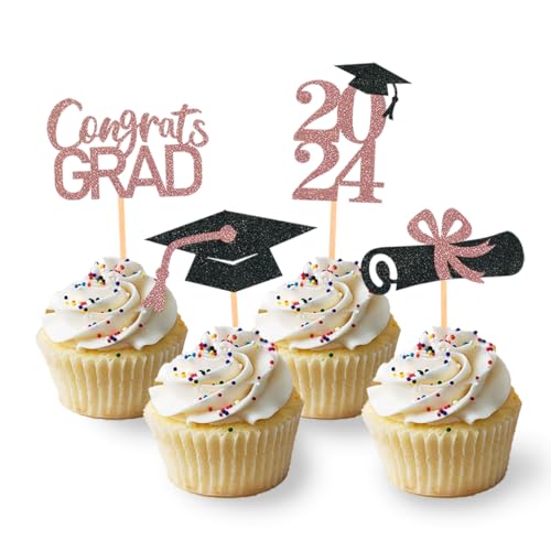 24 Stück Glitzer 2024 Graduation Cupcake Toppers, Abschlussfeier Cupcake toppers, Bachelor Hut Deko, Abschluss Deko für Graduation Abschlussparty Dekoration (schwarz & rosegold) von Moitkptt