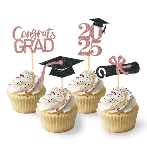 24 Stück Glitzer 2025 Graduation Cupcake Toppers, Abschlussfeier Cupcake toppers, Bachelor Hut Deko, Abschluss Deko für Graduation Abschlussparty Dekoration (schwarz & rosegold) von Moitkptt