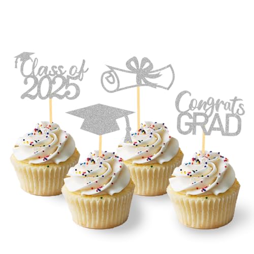 24 Stück Glitzer 2025 Graduation Cupcake Toppers, Abschluss Deko, Bachelor Hut Deko für Abschlussfeier Party, Graduation Dekoration (Silber) von Moitkptt