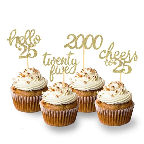 24 Stück Glitzer 25. Geburtstag Cupcake Toppers, Geburtstagsdeko 25 von 1999 für 25. Geburtstag Junge, 25 Geburtstagsfeier Zubehör Party Dekoration Kuchendekoration (Gold) von Moitkptt