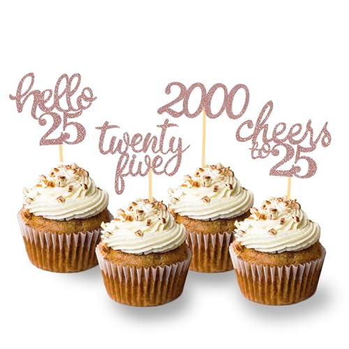 24 Stück Glitzer 25. Geburtstag Cupcake Toppers, Geburtstagsdeko 25 von 2000 für 25. Geburtstag Junge, 25 Geburtstagsfeier Zubehör Party Dekoration Kuchendekoration (Rose Gold) von Moitkptt
