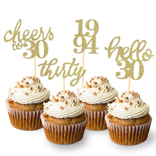 24 Stück Glitzer 30. Geburtstag Cupcake Topper Geburtstagsdeko von 1994 für 30 Geburtstagsfeier Zubehör Party Dekoration Kuchendekoration (Gold) von Moitkptt