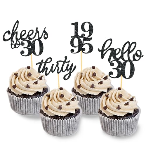 24 Stück Glitzer 30. Geburtstag Cupcake Topper Geburtstagsdeko von 1995 für 30 Geburtstagsfeier Zubehör Party Dekoration Kuchendekoration (Schwarz) von Moitkptt